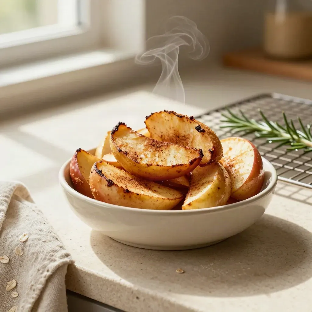 Air-fried apple wedges in a cream bowl with steam, cinnamon, rack, and rosemary