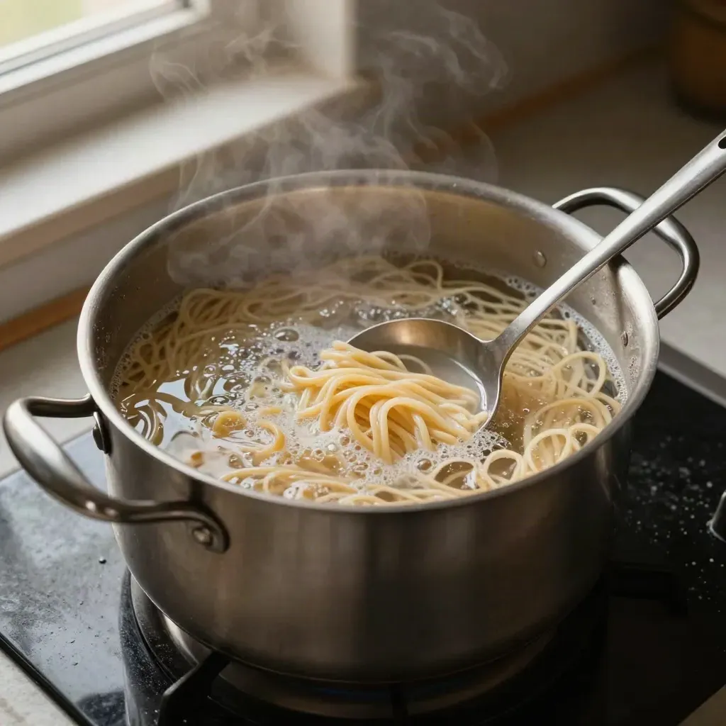 Top-down pot of cloudy pasta water boiling with noodles and a ladle, steam rising.
