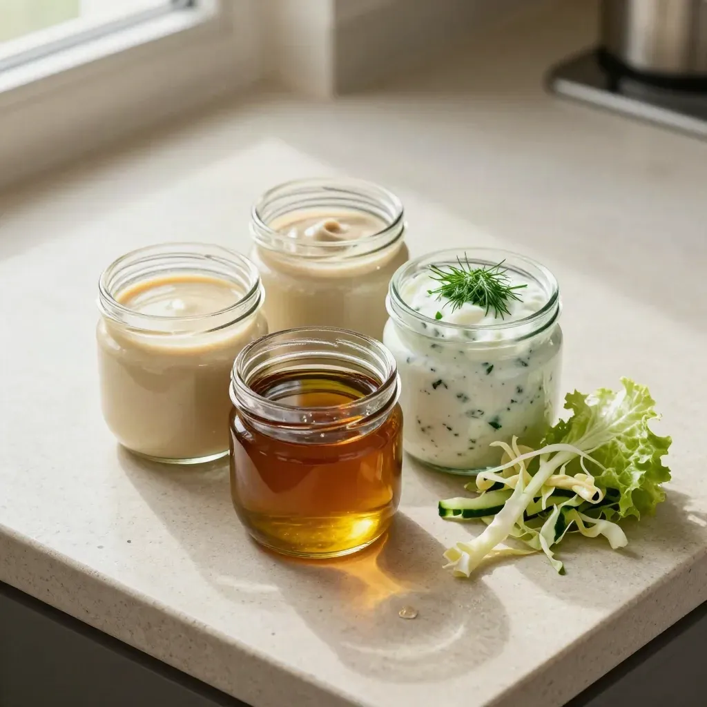 Three dressing jars beside greens and slaw, with vinaigrette settling in the front jar.