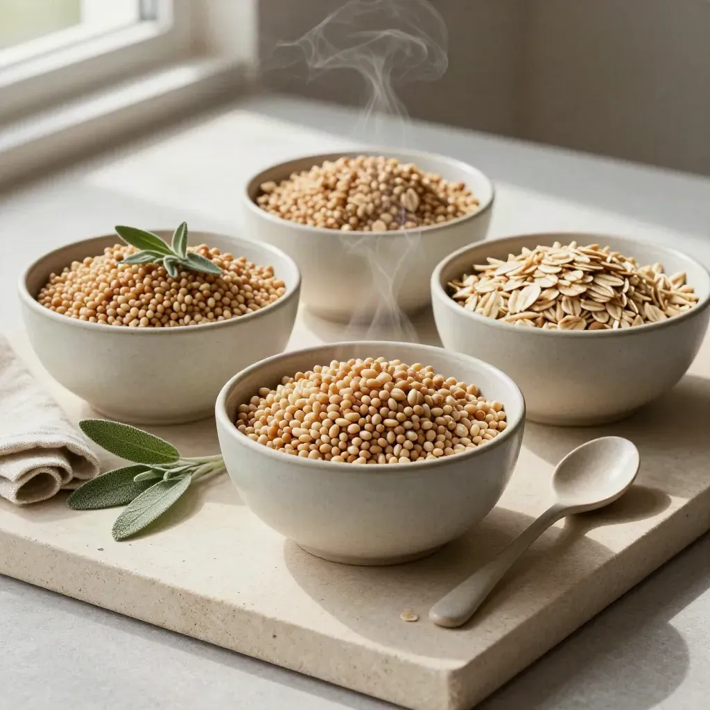 Overhead trio of ceramic recipe bowls with linen, herb sprig, and soft steam on stone.