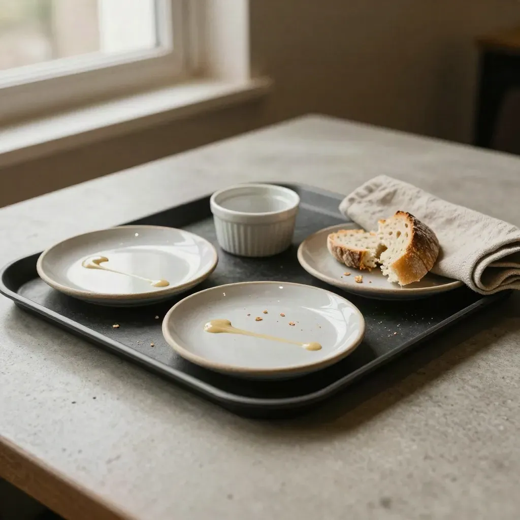 Stone tasting tray with half-finished plates, ramekin, bread plate, and folded linen in soft light.