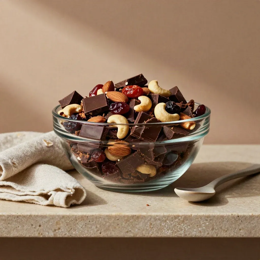 Glass bowl of trail mix with chocolate, cherries, linen cloth and ceramic spoon on stone shelf