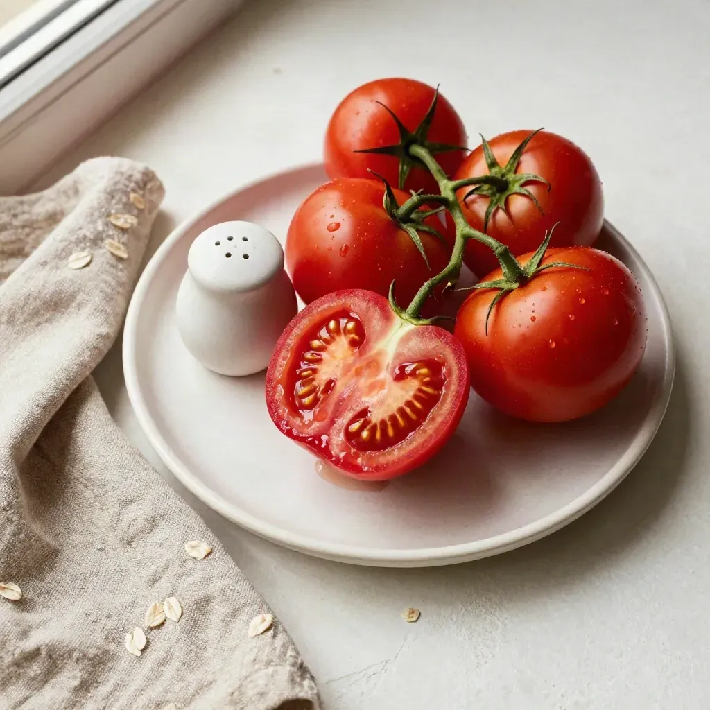Overhead still life of vine tomatoes, split tomato, salt cellar and folded linen on pale plaster.