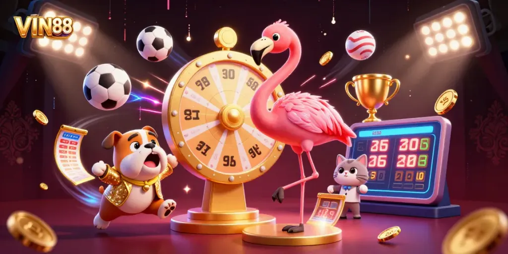 Experience thrilling gameplay with VIN88 at the dynamic prize wheel alongside excited players.