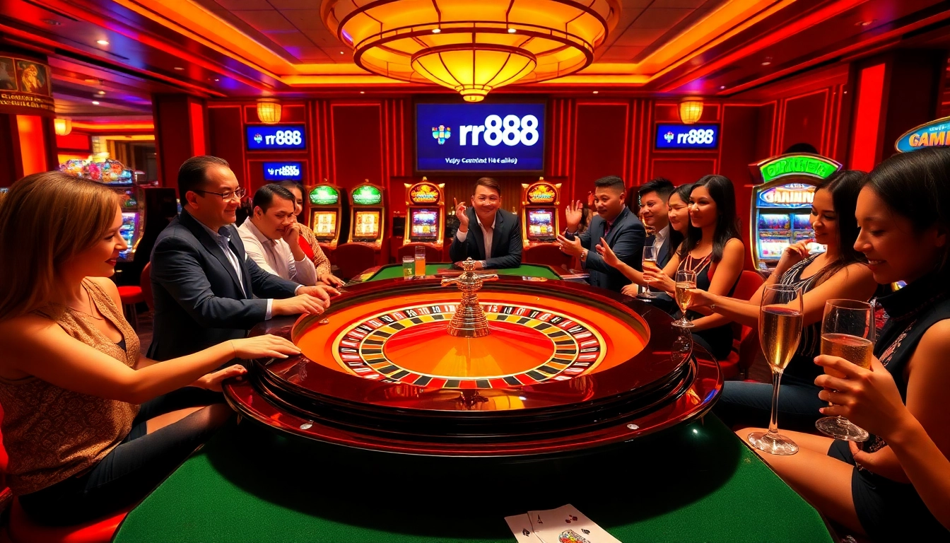 Engaging players enjoying casino games while placing bets using the rr88 link and colorful chips.