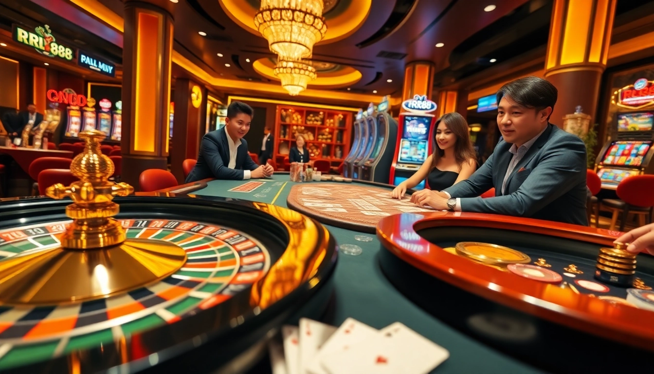 RR88 casino scene featuring a vibrant roulette wheel and poker action, showcasing excitement in gambling.