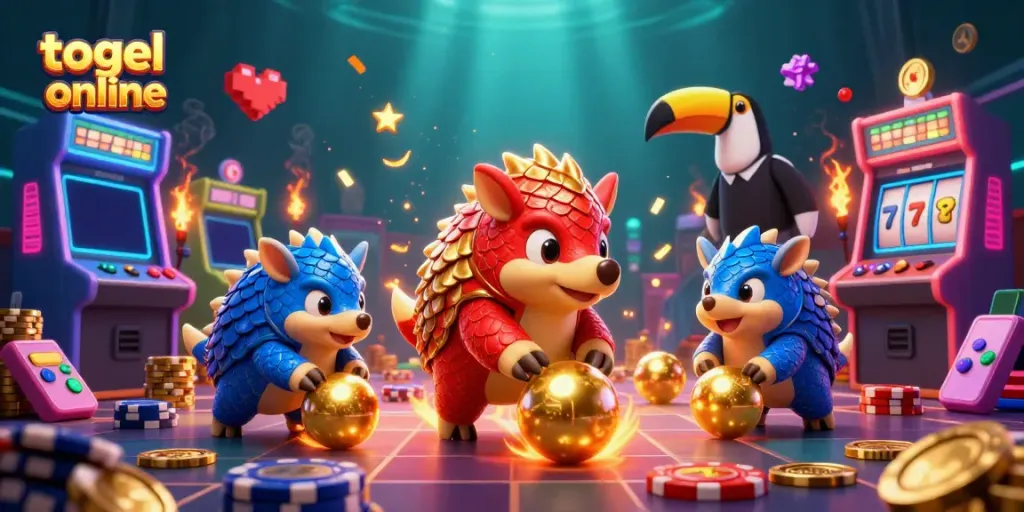 Engage in togel online excitement with rival pangolins competing amidst colorful casino elements.