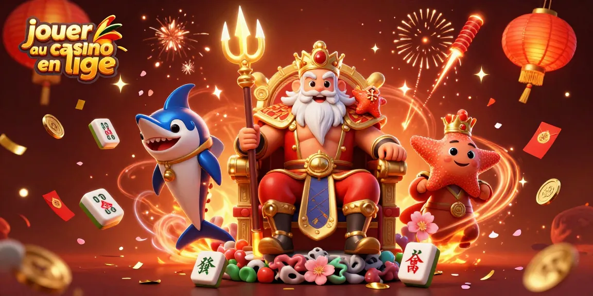 Jouer au casino en ligne avec Neptune, une illustration festive remplie d'éléments de jeu et de chance.
