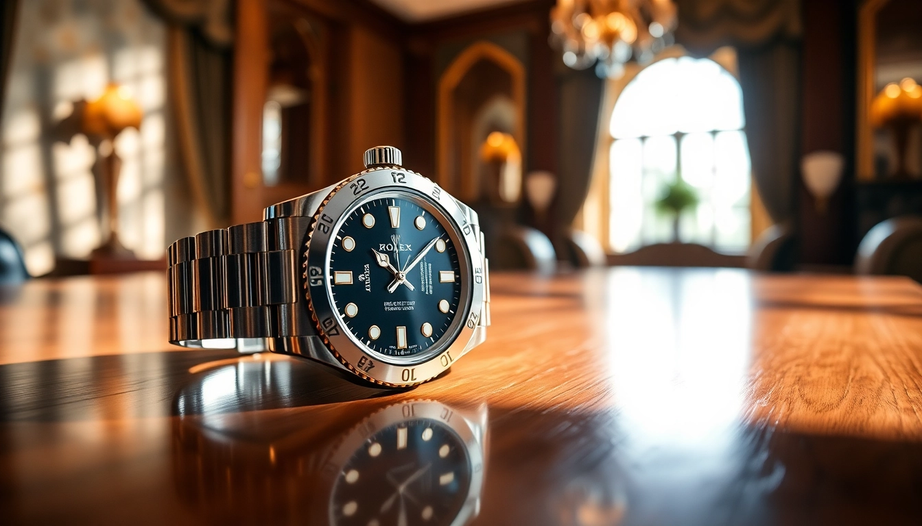 Showcase a Rolex replica showcasing intricate details against a luxurious wooden background.