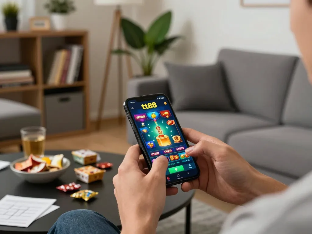 Player immerses in tt88 casino gaming experience on smartphone in a cozy living room