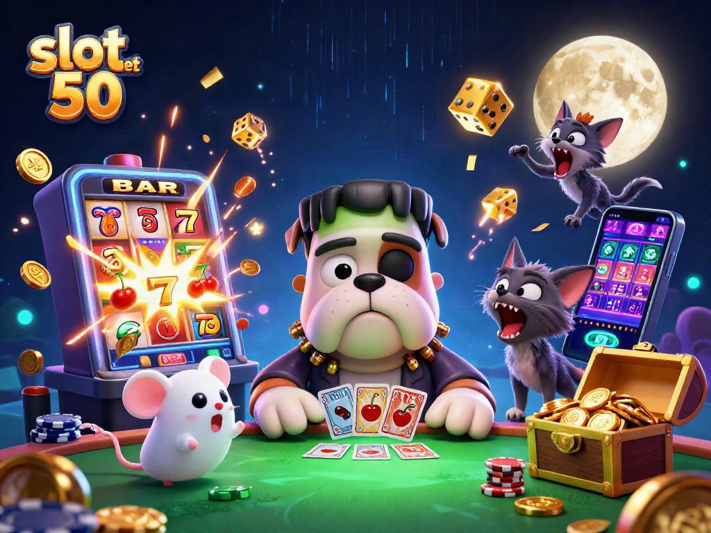 Engage with thrilling slot bet 50 games with playful characters dealing cards and dynamic casino visuals.