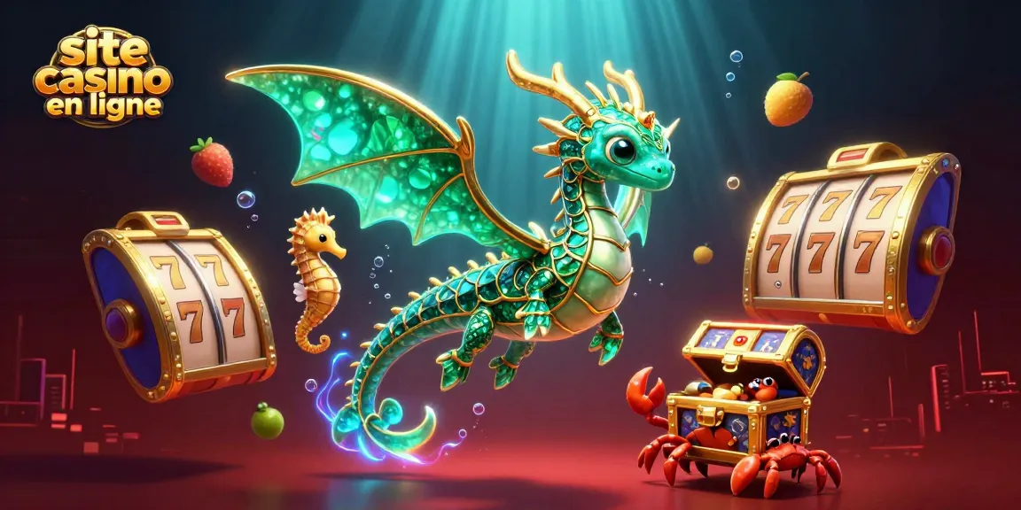 Jouez sur le site casino en ligne avec dragons, trésors et jeux d'argent. Illustration colorée et festive.