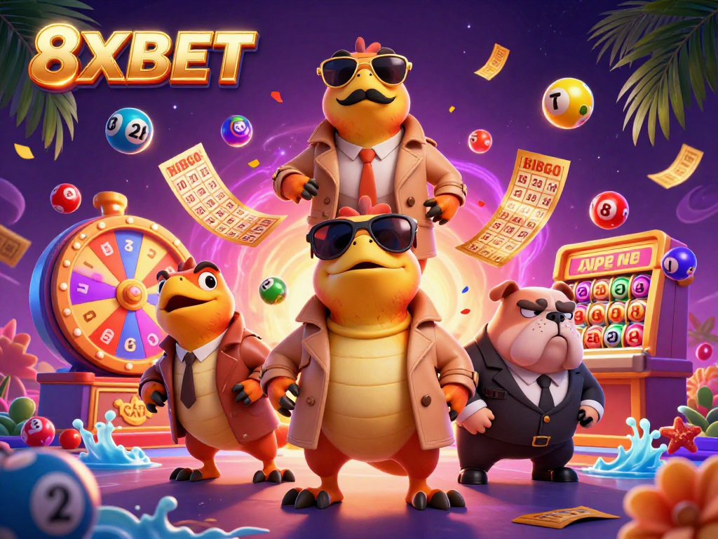 Experience the vibrancy of 8XBET with animated raptors at a VIP casino lounge amid colorful gaming elements.