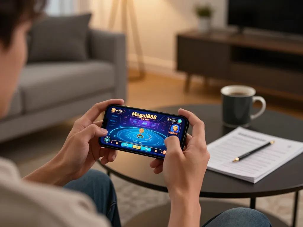 Mega888 APK gaming on a smartphone in a cozy living room, showcasing mobile casino excitement.