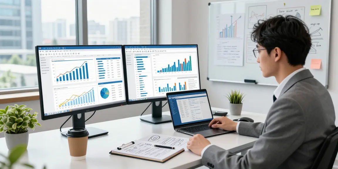 Business professional utilizing asset tracing software in a modern office, showcasing financial reports and strategy visuals.