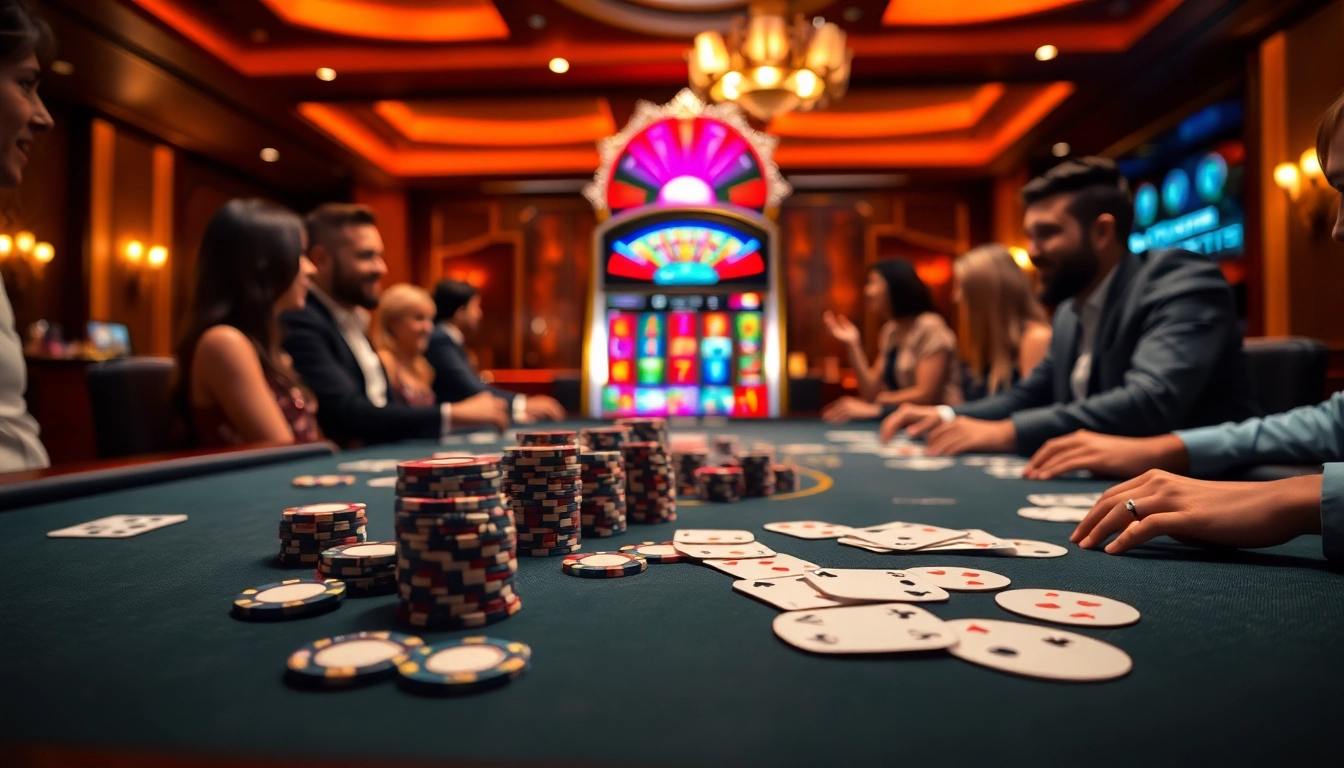 Vivez l'excitation dans un casino en ligne argent réel avec des joueurs à une table de poker et des machines à sous vibrantes.