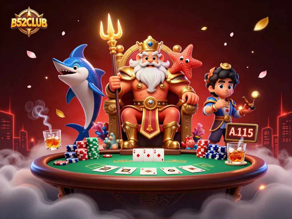 B52CLUB showcases a vibrant 3D illustration featuring Neptune, poker elements, and dynamic casino action.