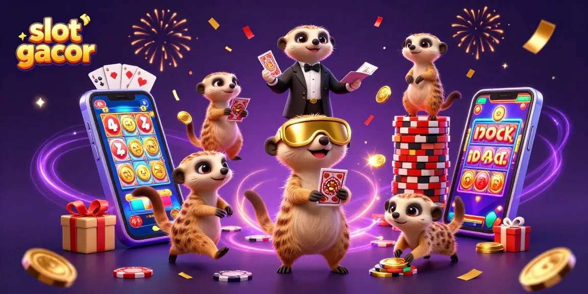 Slot gacor dengan koloni meerkat menjalankan kasino yang meriah, menunjukkan permainan slot dan jackpot.