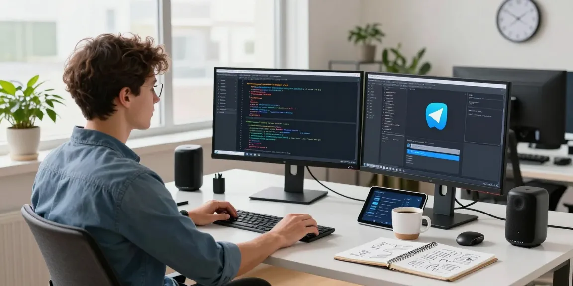 Developer using 纸飞机中文版 app on multiple screens in a modern tech workspace.