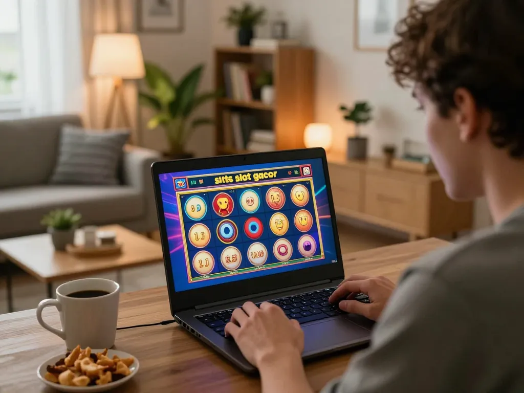 Playing situs slot gacor on a laptop in a cozy living room with warm lighting and snacks