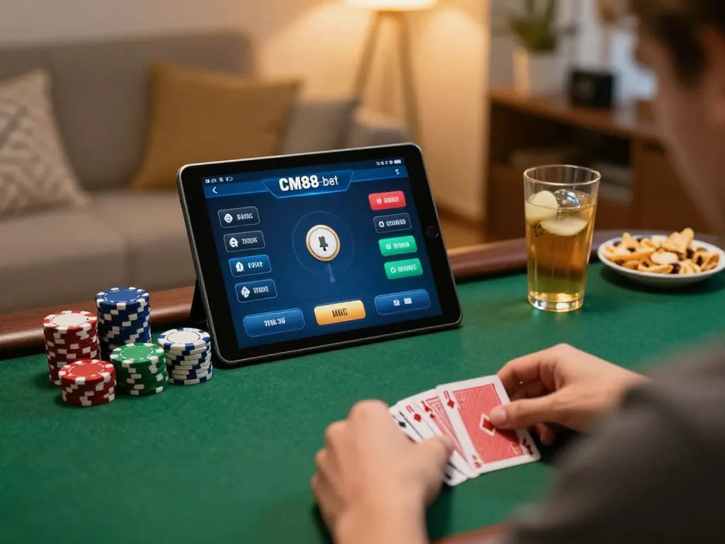 Player enjoying online poker on CM88-bet from home, showcasing strategic gameplay and cozy atmosphere