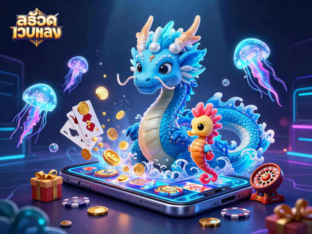 Bet big with สล็อตเว็บตรง showcasing an azure water dragon and vibrant casino elements.