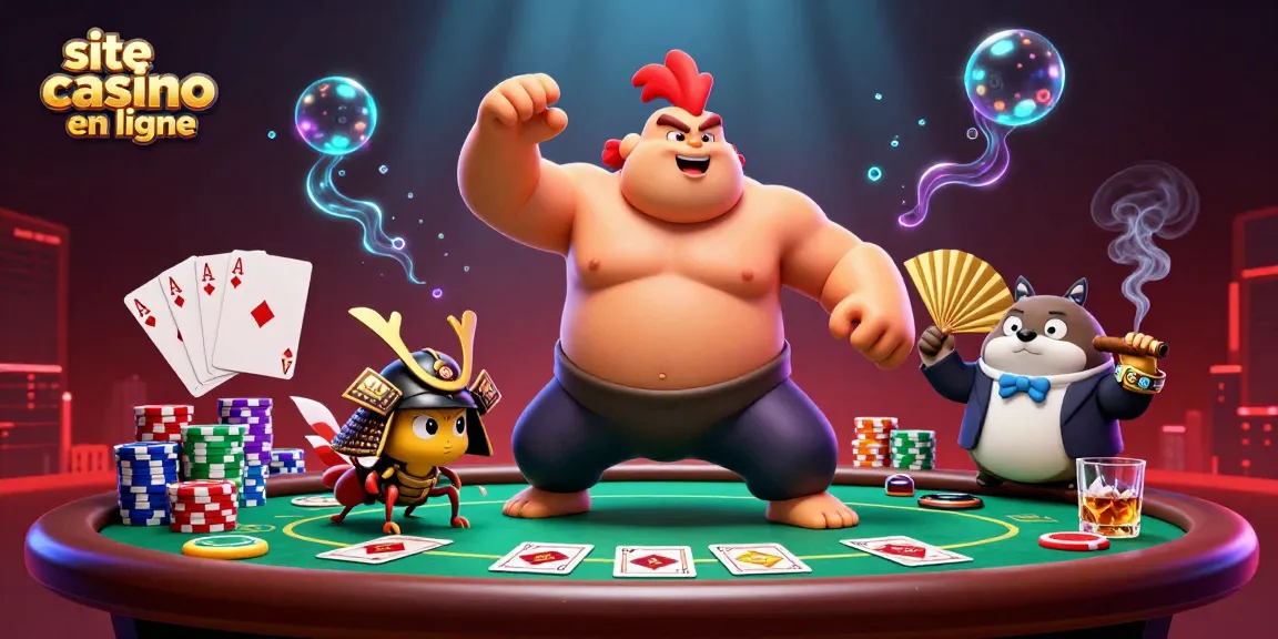 Vivez l'action sur un site casino en ligne avec des mises dramatiques autour d'une table de poker, mettant en scène un combat entre un coq et un grillon.