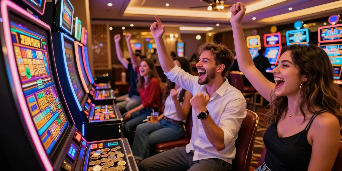 Excited players celebrating a win at Zeus Slot machine in a vibrant casino atmosphere.