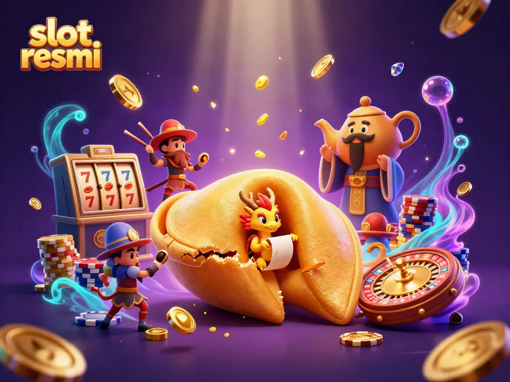 Experience the excitement of slot resmi with a dynamic illustration of a golden fortune cookie, lucky sevens, and vibrant slot elements.