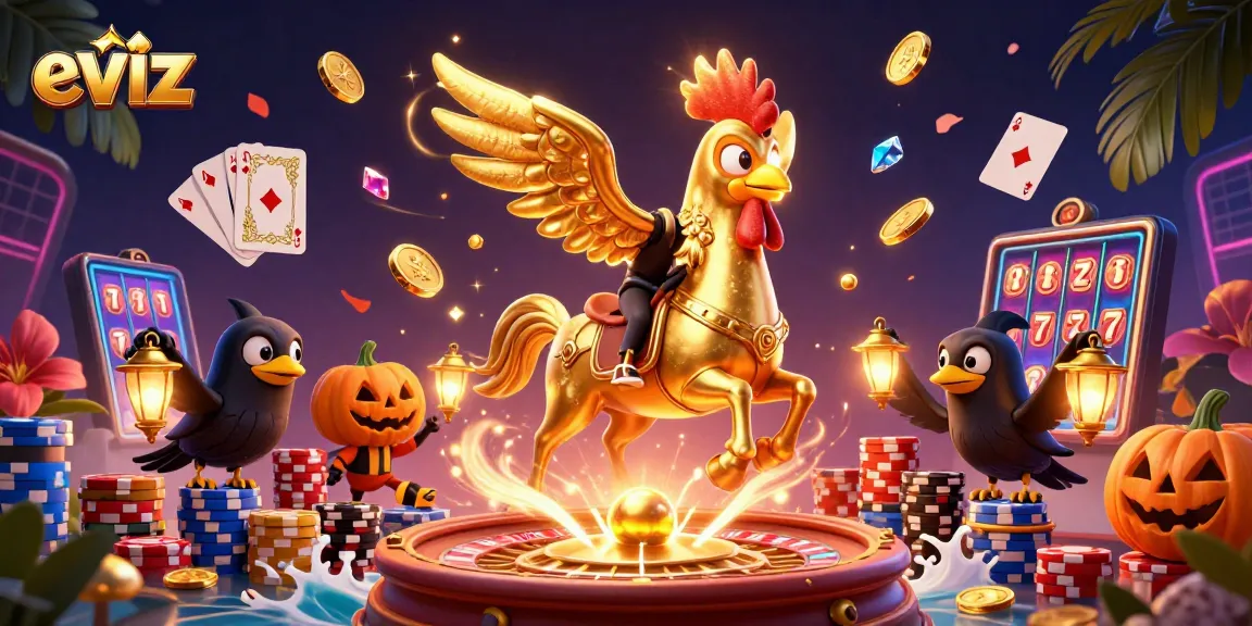 eviz enhances your gameplay with a golden rooster and animated casino elements in a vivid illustration.
