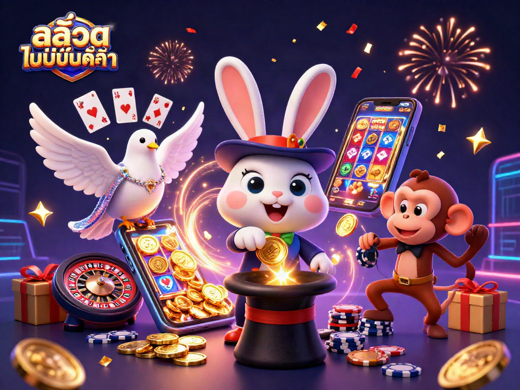 Experience the thrill of สล็อตไม่มีขั้นต่ำ with a magician, assistant dove, and monkey amidst vibrant casino elements.