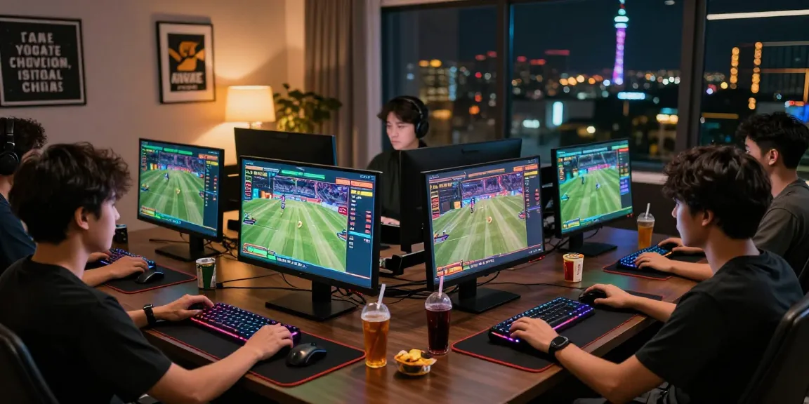 Engaging online betting scene with individuals focused on sports betting and the link alternatif raja328 displayed on screens.