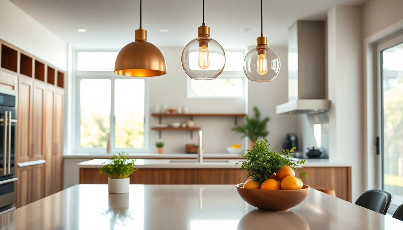 Bright island light fixtures illuminate a modern kitchen with elegant design elements.