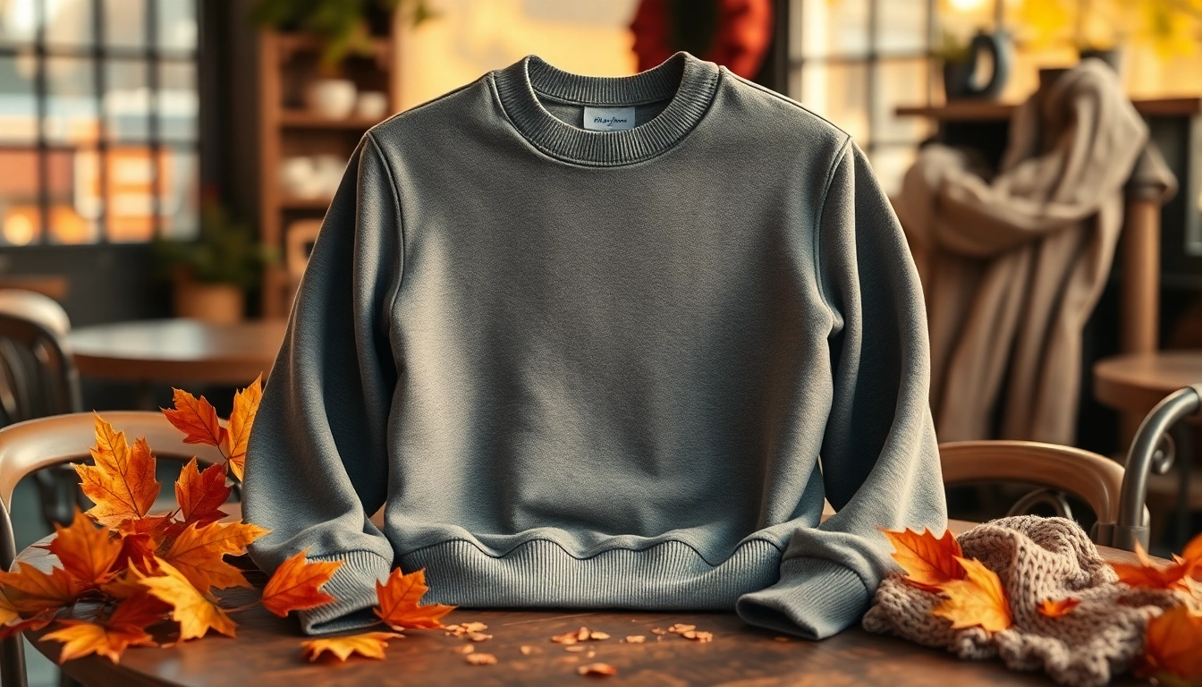 Model showcasing a crew neck sweatshirt in a cozy, autumn-themed café setting.
