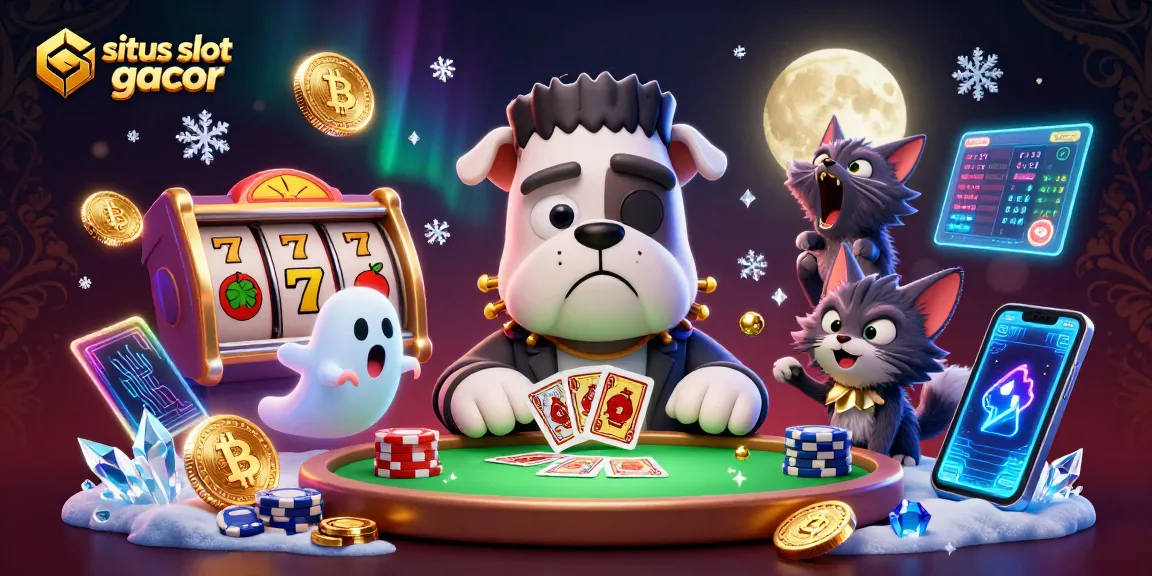 Engage with the exciting world of situs slot gacor featuring a Frankenstein bulldog and unique casino elements.