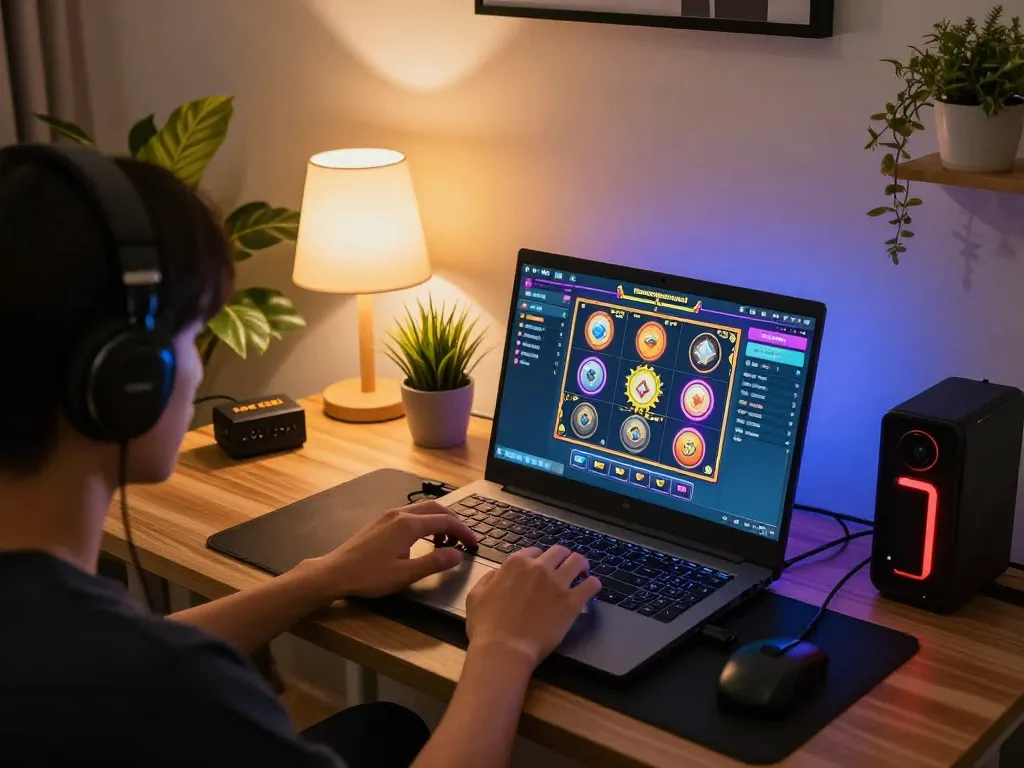 Person enjoying slot gacor thailand game on a laptop in a cozy home environment
