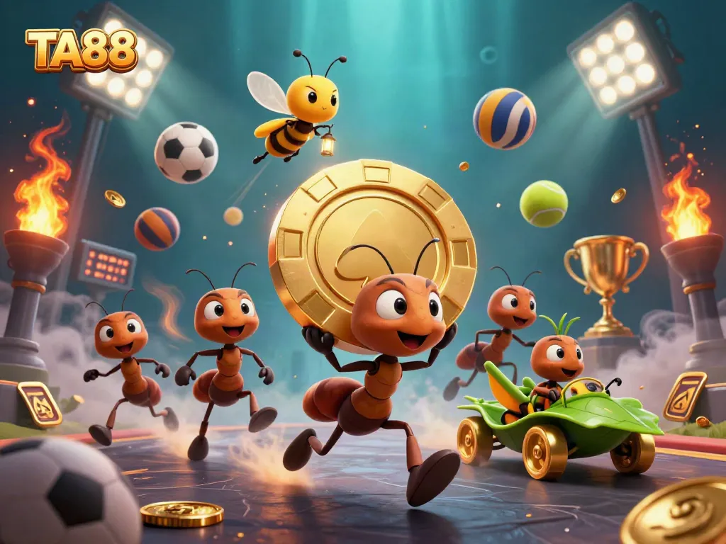 TA88 team of ants executes a thrilling heist carrying a giant poker chip among dynamic gambling elements.