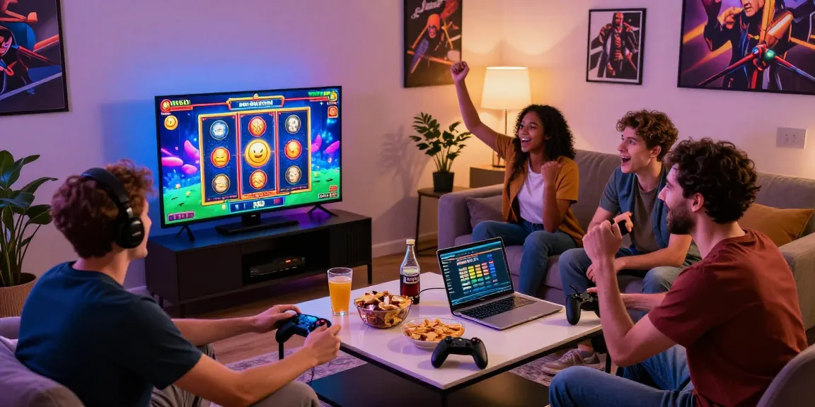 Exciting gaming night with friends playing slot deposit 5k online on a large screen.