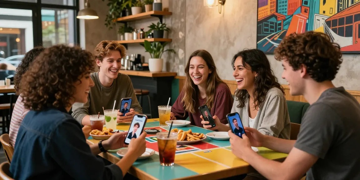 Young adults playing smash or pass game in a lively café setting, enjoying AI-generated celebrity images.