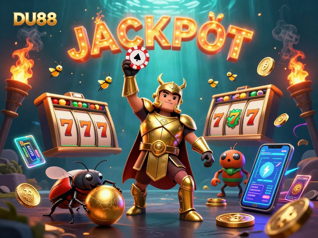 Win big at DU88 with a 3D hercules beetle lifting a poker chip amid vibrant casino elements.