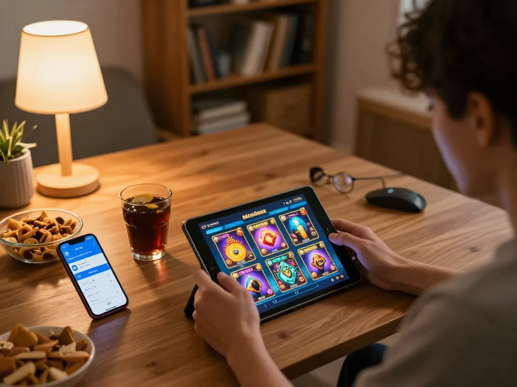 Engaging in apk slot gaming on a tablet in a cozy home environment with snacks and drinks