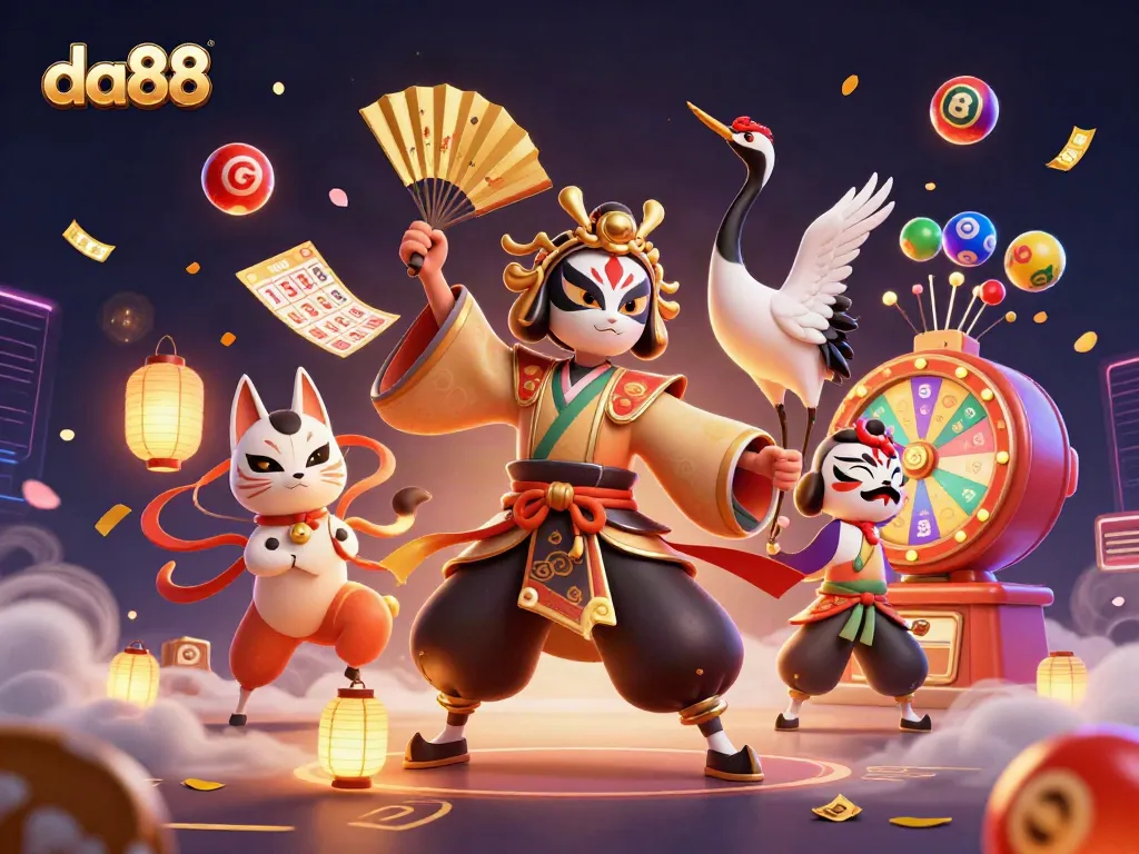 Engage with da88's vibrant casino scene filled with dynamic lottery games, kabuki characters, and spirits.