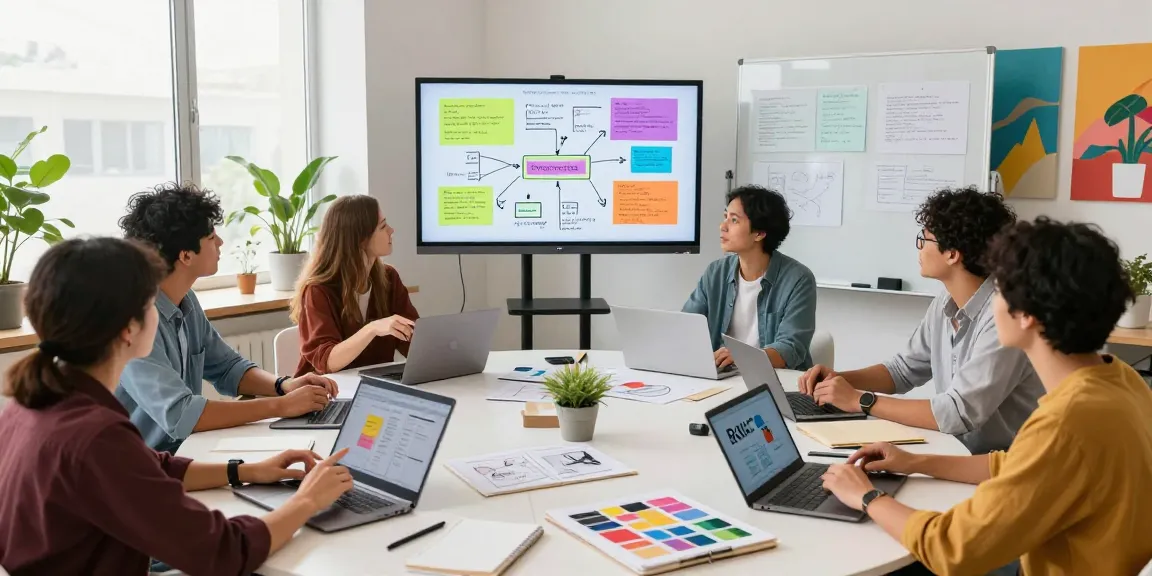 Team collaboration using mixboard in a vibrant creative workspace, showcasing moodboards and brainstorming ideas.