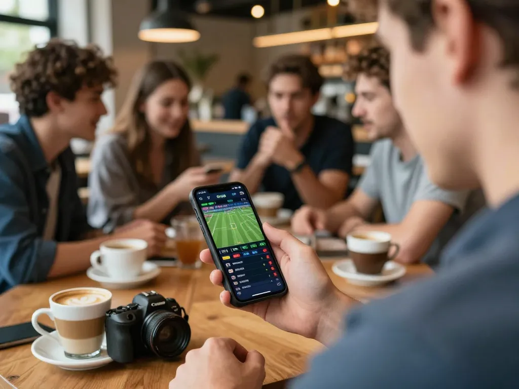 Engaged in Canada online casinos reddit through mobile sports betting with friends in a café.