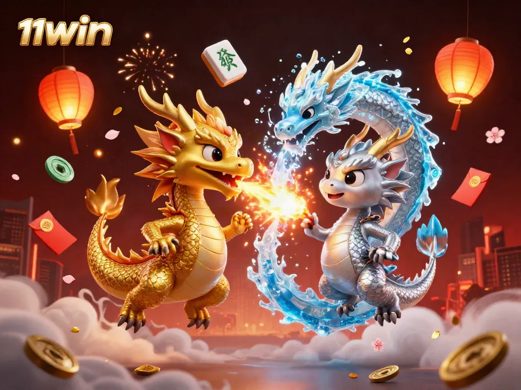 Engage in thrilling betting at 11WIN with dynamic dragons and casino elements exploding in a colorful scene.
