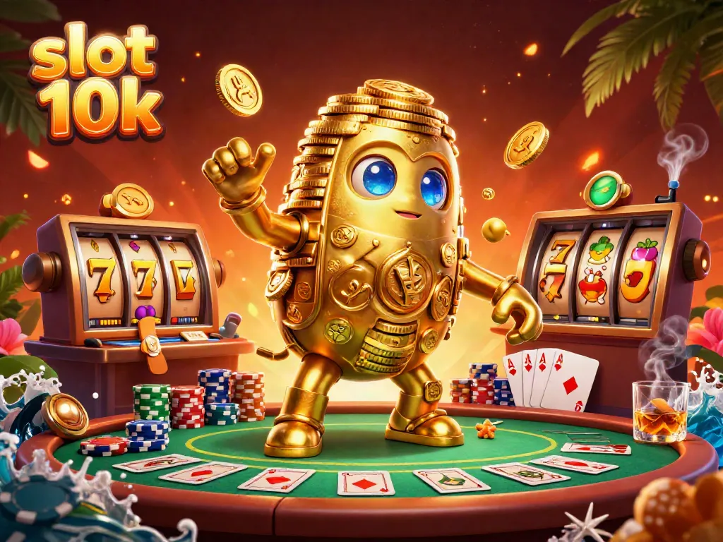 Memenangkan slot 10k dengan simbol mesin slot dan tumpukan chip poker yang menarik, meriah dan mewah.