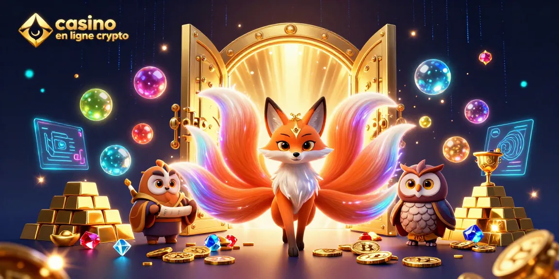 Dans un casino en ligne crypto, un renard à neuf queues vibrant attire des trésors numériques et des gemmes scintillantes.