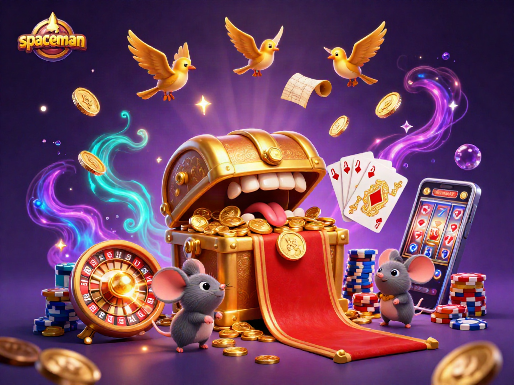 Engage with the spaceman-themed treasure chest casino adventure filled with gold coins and vibrant game elements.