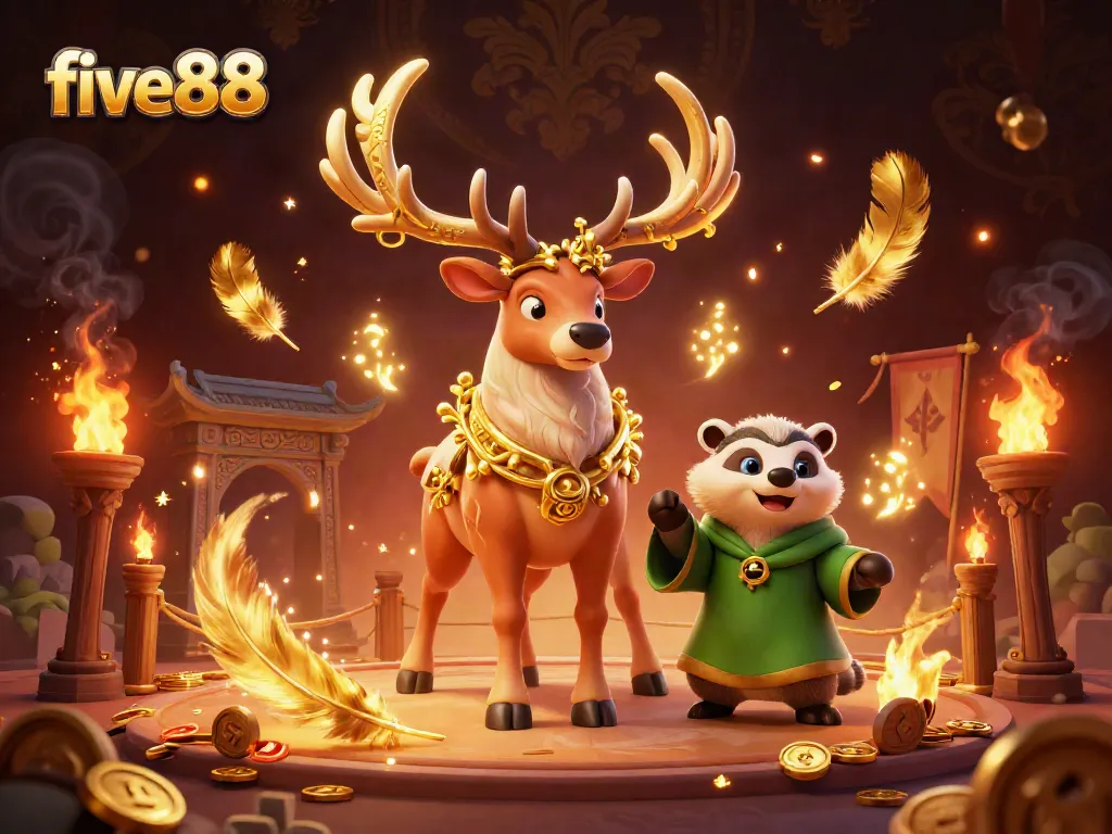 Experience the vibrant world of five88 with enchanting characters floating over golden tokens and fiery effects.