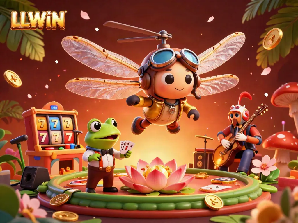 Engage in thrilling gameplay at LLWIN, where a dragonfly pilot and frog dealer create a vibrant casino atmosphere.